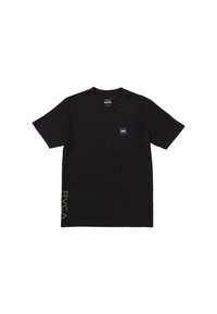 Black short-sleeve t-shirt made of cotton. Features a small logo patch on the chest and "RVCA" printed vertically on the side.