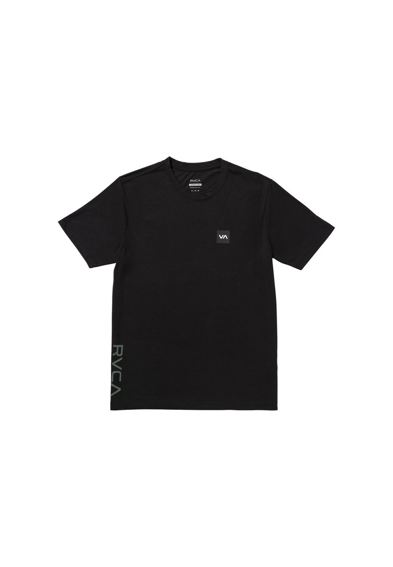 Black short-sleeve t-shirt made of cotton. Features a small logo patch on the chest and "RVCA" printed vertically on the side.