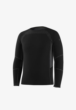 Černé atletické tričko s dlouhým rukávem, bezšvové provedení a jemné texturované vzory na ramenech a rukávech.