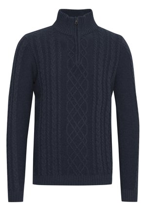 Maglione navy a zip con lavorazione a trecce intricate, colletto e polsini a coste, con una finitura testurizzata su tutta la stoffa.