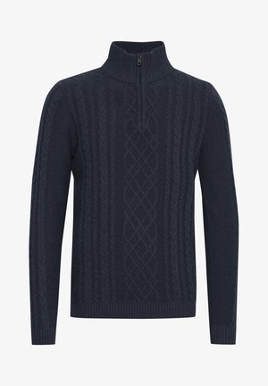 Tumes sinine kootud lukuga sviiter, kus on keerukad nöörmustrid, soonikline krae ja mansetid ning tekstureeritud viimistlus kogu kanga ulatuses.