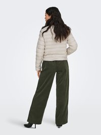 Hellbeige Steppjacke mit gestepptem Design, kombiniert mit dunkelgrünen Cord-Weitbein-Hosen. Glatte Textur mit kontrastierenden Stilen und Farben.