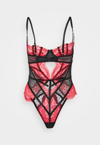 Svart og rød blonde bodysuit med blomstermønstre, gjennomsiktige sekjoner, justerbare stropper og geometriske utskjæringer, med en høyt skåret thong bak.