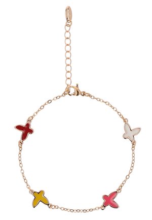 Finom arany lánc karkötő négy, pillangó alakú medállal, vörös, fehér, sárga és rózsaszín zománcból, állítható kapoccsal.