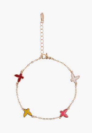 Bracelet délicat en chaîne d'or avec quatre breloques en forme de papillon en émail rouge, blanc, jaune et rose, avec un fermoir ajustable.