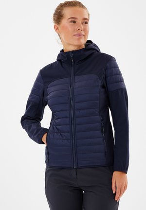 Navyblå hættetrøje med quiltet overdel, glatte nederste ærmer, lynlåslommer og en tætsiddende design for varme.