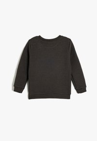 Czarnoszary sweter z prążkowanej tkaniny, okrągłym dekoltem i długimi rękawami. Elastyczne mankiety i dół dopełniają design, oferując luźny krój.