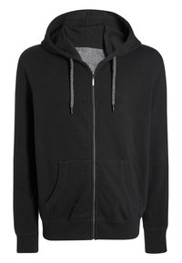 Zwarte capuchontrui met ritssluiting, gemaakt van een katoenmix. Voorzien van een rafelige binnenkant, twee voorzakken en een capuchon met trekkoord en grijze accenten.