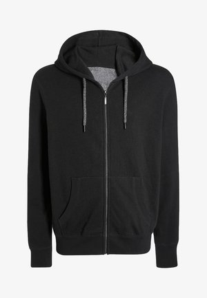 Sudadera negra con cremallera hecha de mezcla de algodón. Cuenta con interior deshilachado, dos bolsillos delanteros y capucha con cordón de ajuste con detalles en gris.