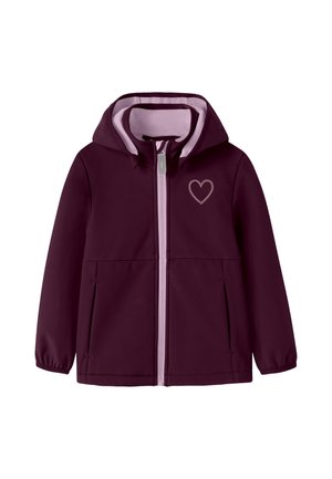 Veste à capuche violet foncé avec une fermeture éclair et une doublure violet clair, comportant un petit motif cœur sur la poitrine gauche et des poignets élastiques aux manches.