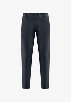 Pantaloni di cotone navy con una texture liscia, vestibilità slim e vita standard con chiusura a bottone e passanti per cintura.