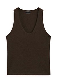 Top in misto lana marrone con scollatura a V profonda e design senza maniche. Tessuto liscio e forma aderente, adatto per il layering.