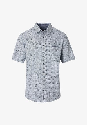 Kurzärmeliges Button-Down-Hemd in Hellblau mit einem mehrfarbigen geometrischen Muster. Verfügt über eine Brusttasche und dunkle Knöpfe.