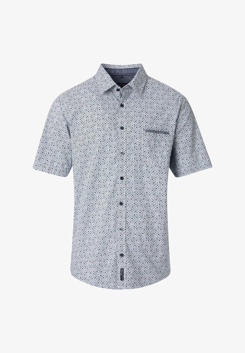 Short-sleeve white button-up shirt with small blue geometric pattern and a single chest pocket with a blue trim.