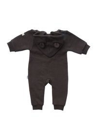 Brown cotton onesie with a hood featuring two round buttons. Ribbed cuffs and a simple design, suitable for infants and toddlers.