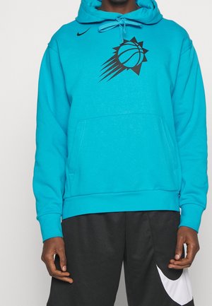 Sudadera Nike turquesa con un gráfico de baloncesto negro y un diseño de estallido de sol en el pecho, con un bolsillo delantero y capucha ajustable con cordón.