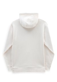 Weißer Hoodie mit weicher, glatter Textur, ausgestattet mit einer abgerundeten Kapuze und langen Ärmeln. Das Design ist schlicht, ohne sichtbare Muster oder Akzente.