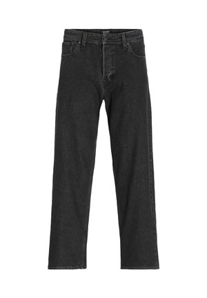 Black denim jeans with a straight leg design, featuring a zip fly, belt loops, and six pockets, made from a sturdy cotton blend fabric.