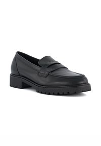 Black leather loafers with a rounded toe, textured upper, and ribbed rubber sole. Features a dual strap design across the instep.
