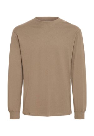 T-shirt a maniche lunghe in cotone beige con scollo rotondo e polsini elasticizzati. Texture liscia e design minimalista, senza motivi o dettagli.