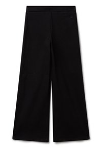 Pantaloni neri a gamba larga con vita alta e logo sottile sul lato anteriore destro, mostrati su uno sfondo bianco.