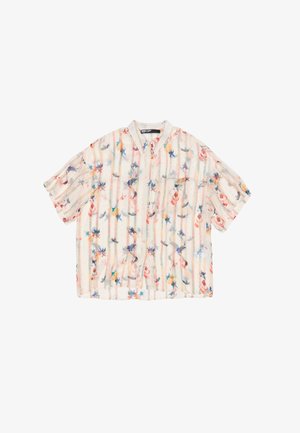 Lühikeste varrukatega särk nööpidega poolläbipaistvas kangas, millel on lillemuster, pastelltooned ja vertikaalsed triibud.