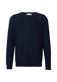 Marineblauer Rundhals-Pullover aus strukturiertem Strickstoff, mit gerippten Bündchen und Saum, und einem Etikett, das die Marke "s.Oliver" zeigt.