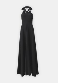 Rochie maxi neagră cu bretele halter, cu un corset ajustat, fustă fluidă și detaliu de gât legat. Material neted, fără modele sau accente vizibile.