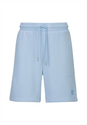 Hellblaue lässige Shorts mit Kordelzug an der Taille und kleinem gesticktem Logo am unteren linken Bein.
