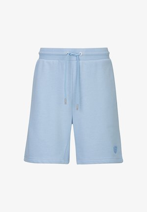 Hellblaue lässige Shorts mit Kordelzug an der Taille und kleinem gesticktem Logo am unteren linken Bein.