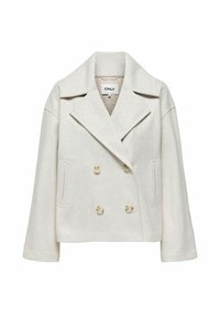 Manteau court croisé en mélange de laine couleur crème avec larges revers et deux poches latérales, étiquette ONLY taille M.