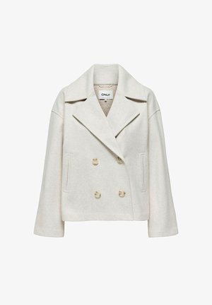 Kermanvärinen kaksirivinen lyhyt villasekoitetakki leveillä kauluksilla ja kahdella sivutaskulla, merkintä ONLY koko M.