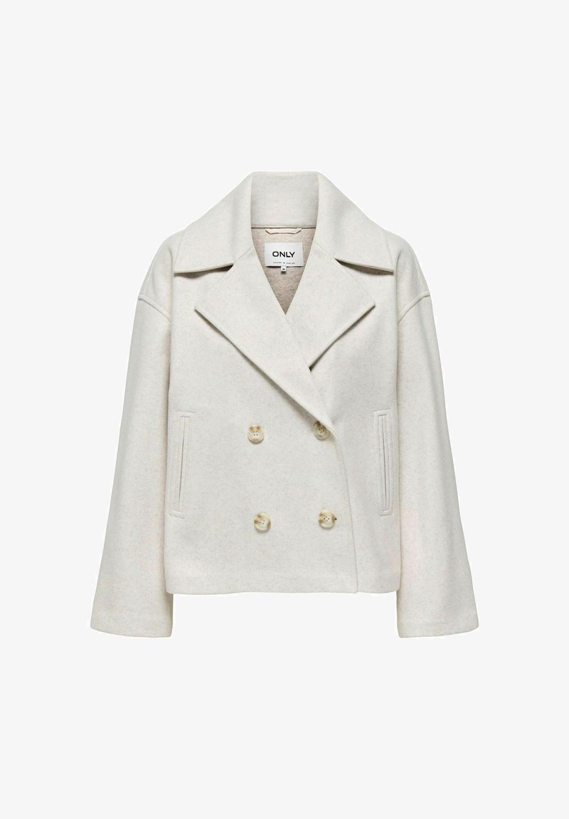 Manteau court croisé en mélange de laine couleur crème avec larges revers et deux poches latérales, étiquette ONLY taille M.