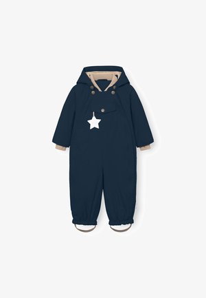 Combinaison de neige pour enfants bleu marine avec une capuche doublée beige, une poche avant, des boutons-pression et un accent en étoile blanche sur la poitrine et les bretelles.