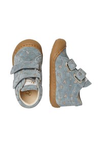 Scarpe blu in suede con motivi glitterati in foglia d'oro, dotate di doppie fasce in Velcro, suole in gomma e punte arrotondate per il massimo comfort.