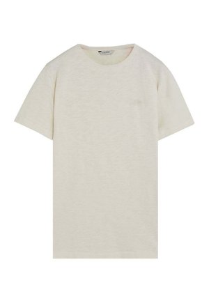 Camiseta de algodón color crema con manga corta, cuello redondo y textura sutil, colocada plana sobre un fondo blanco.