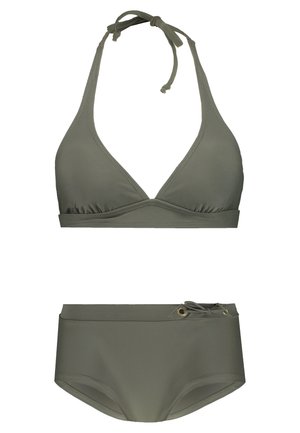 Khaki tweedelige bikini set met een driehoekige bralette met halterbandjes en een hoog opgesneden onderkant met zijbinddetail en gouden accenten.