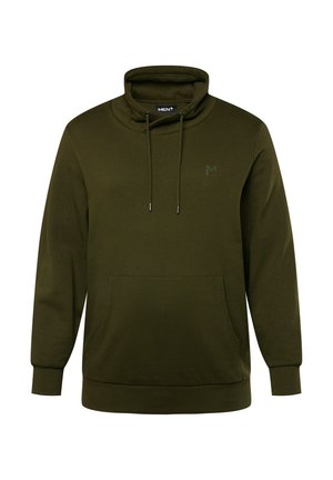 Olivgrüner Hoodie mit hohem Kragen, Kordelzug und Fronttasche. Enthält ein dezentes Logo auf der Brust sowie gerippte Bündchen und Saum.