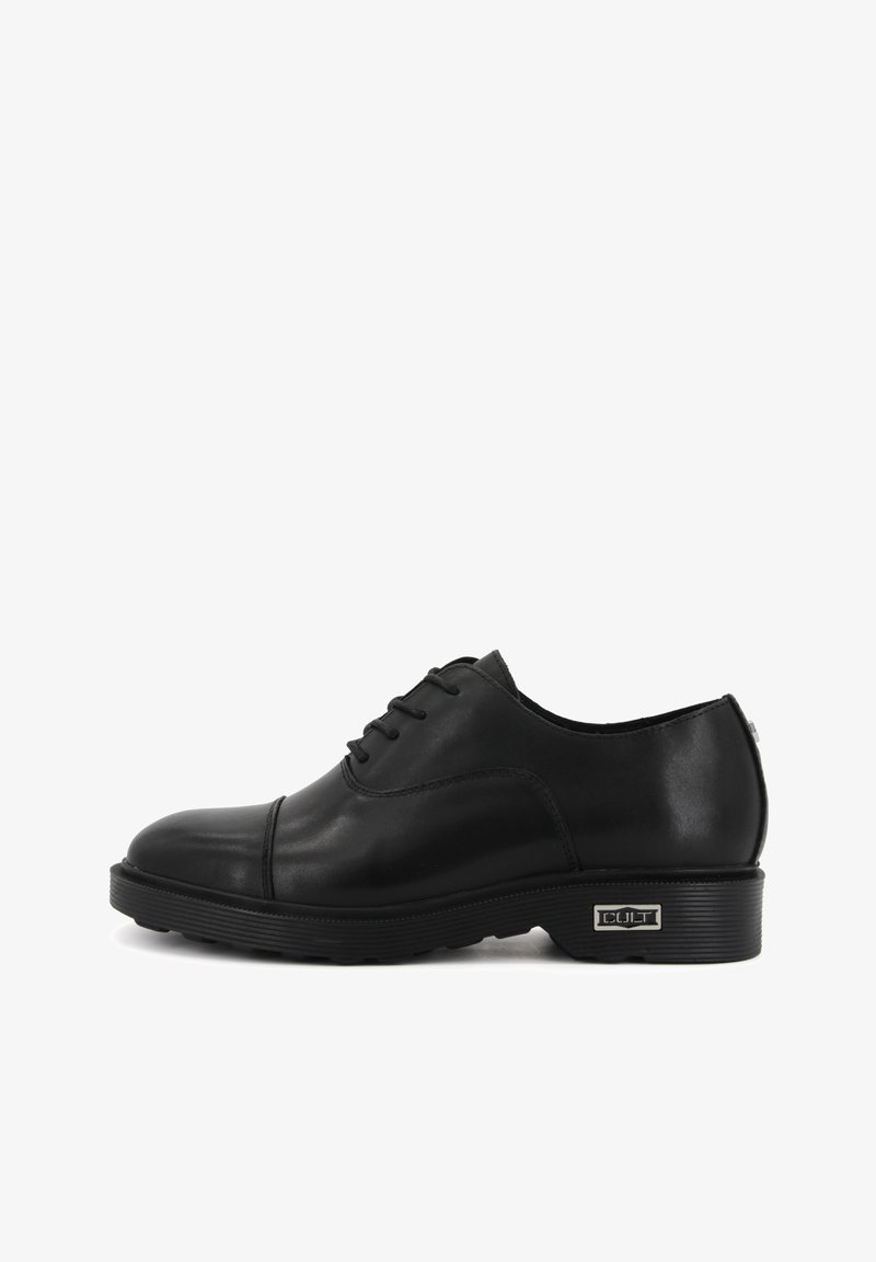 Scarpe stringate in pelle nera con punta arrotondata, superficie liscia e suola in gomma bassa e texturizzata. Caratterizzate da un design minimalista con branding discreto.