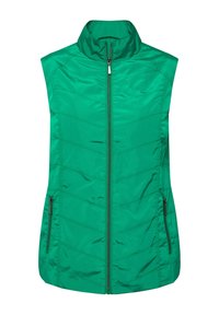 Groene gevoerde vest met een hoge kraag, ritssluiting aan de voorkant en twee zijzakken met rits. Bevat een chevron-stikpatroon.