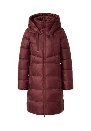 Bordeaux pufferjack met een capuchon, voorzien van een ritssluiting aan de voorkant, verstelbare koordjes en twee zijzakken. Glad glanzende textuur met gestikte panelen.