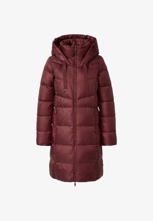 Burgunderfarbener Puffer-Mantel mit Kapuze, mit Reißverschluss vorne, verstellbaren Kordeln und zwei Seitentaschen. Glatte, glänzende Textur mit genähten Paneelen.
