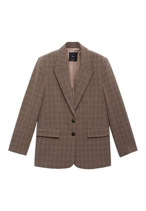 Brauner karierten Blazer mit Kerbkragen, zwei dunklen Knöpfen und vorderen Pattentaschen, flach auf weißem Hintergrund dargestellt.