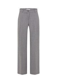 Grijze strepenbroek met een wijde pasvorm, voorzien van een knoopsluiting en riemlussen. Gladde stof met verticale strepen voor extra detail.