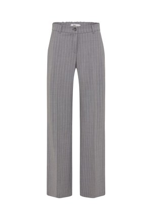 Gray pinstripe trousers with a wide-leg fit, featuring a button closure and belt loops. Smooth fabric with vertical stripes for added detail.
