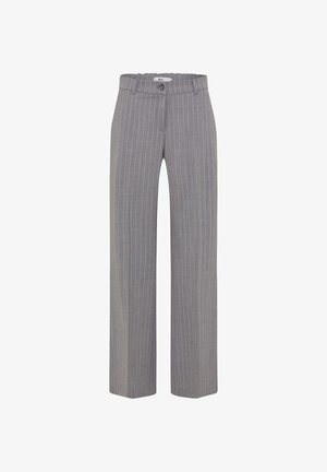 Graue Nadelstreifenhose mit weitem Bein, ausgestattet mit einem Knopfverschluss und Gürtelschlaufen. Glattes Material mit vertikalen Streifen für zusätzliche Details.