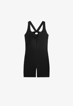 Maillot de bain une pièce noir au design ajusté, avec un dos croisé, un col en goutte d'eau et un gathering texturé au centre devant.
