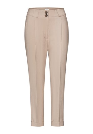 Beige op maat gemaakte broek met plooien aan de voorkant, twee knopen aan de tailleband, riemlussen en omgeslagen zoom.