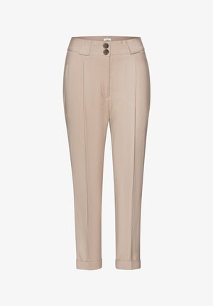 Beige op maat gemaakte broek met plooien aan de voorkant, twee knopen aan de tailleband, riemlussen en omgeslagen zoom.