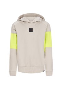 Felpa crema realizzata in misto cotone, con tasca frontale, cappuccio e maniche accentate di un vivace giallo. Presenta un piccolo logo nero del brand sul petto.